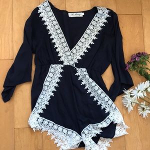 Blue and white lace romper